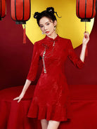 Red qipao short red qipao dress with fishtail design for engagement and wedding toast