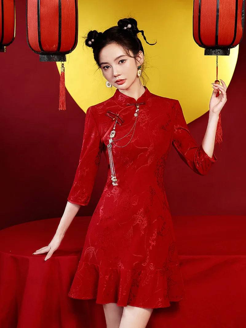 Red qipao short red qipao dress with fishtail design for engagement and wedding toast