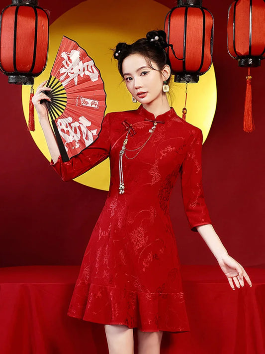 Red Qipao Short Dress for Engagement & New Year Wedding