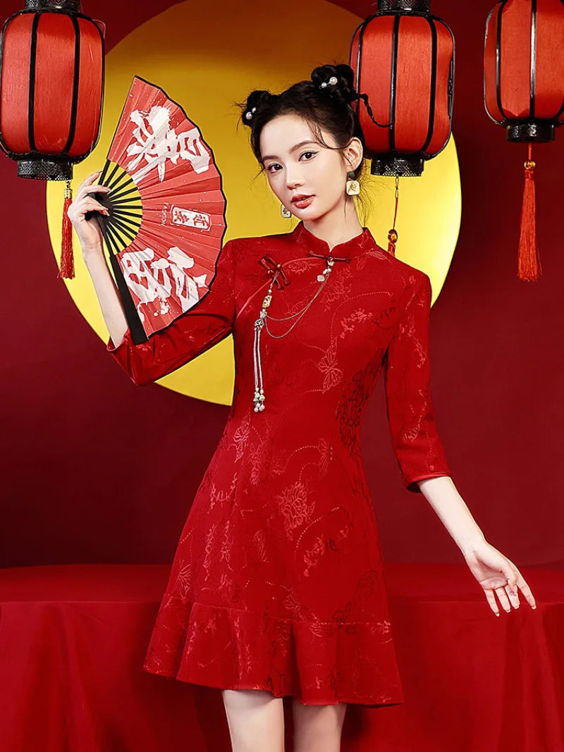 Red qipao short red qipao dress with fishtail design for engagement and wedding toast