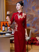 Red Qipao wedding dress, modern cheongsam for bride engagement, tea ceremony, and wedding celebrations in elegant 2025 style