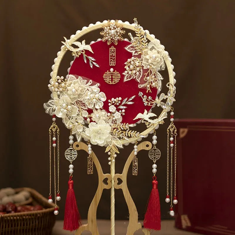 Red Chinese Bridal Hand  Fan | Pearly
