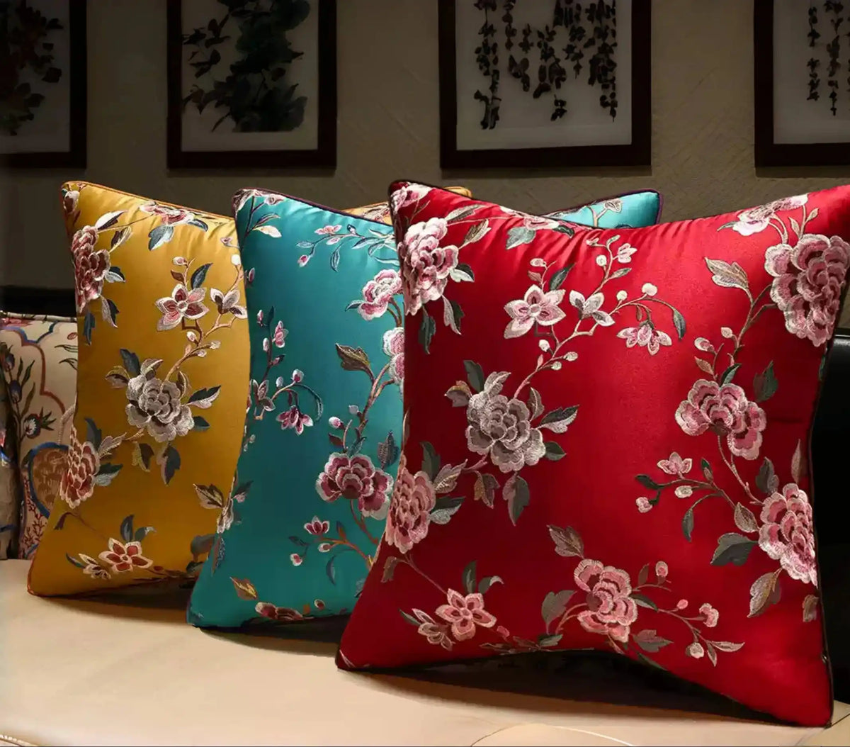 Oriental Embroidered  Floral  Satin Cushion Covers | Profusion of Blossoms
