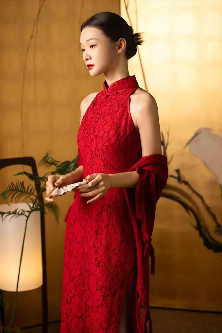 Red Halter Lace Cheongsam Qipao Dress
