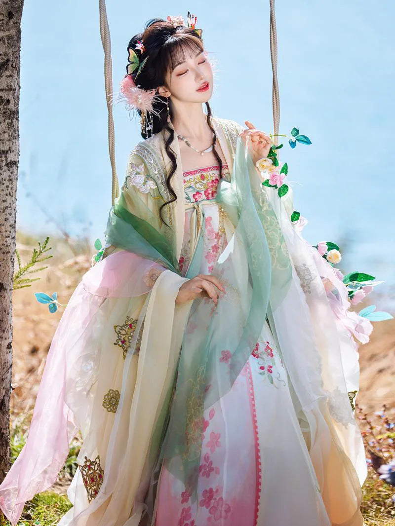 Ruqun hanfu Tang style qixiong ruqun dress with embroidered wide sleeves for spring summer