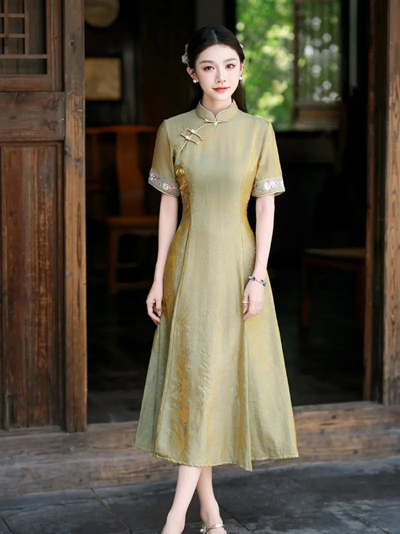 A-Line Jacquard Short Sleeve Qipao with Embroidered Cuff