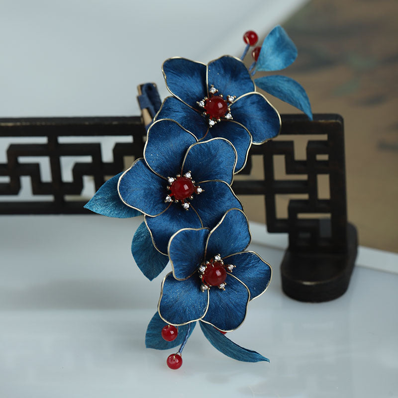 Blue Chinese Cloisonné & Silk Thread Velvet Flower Hair Clip
