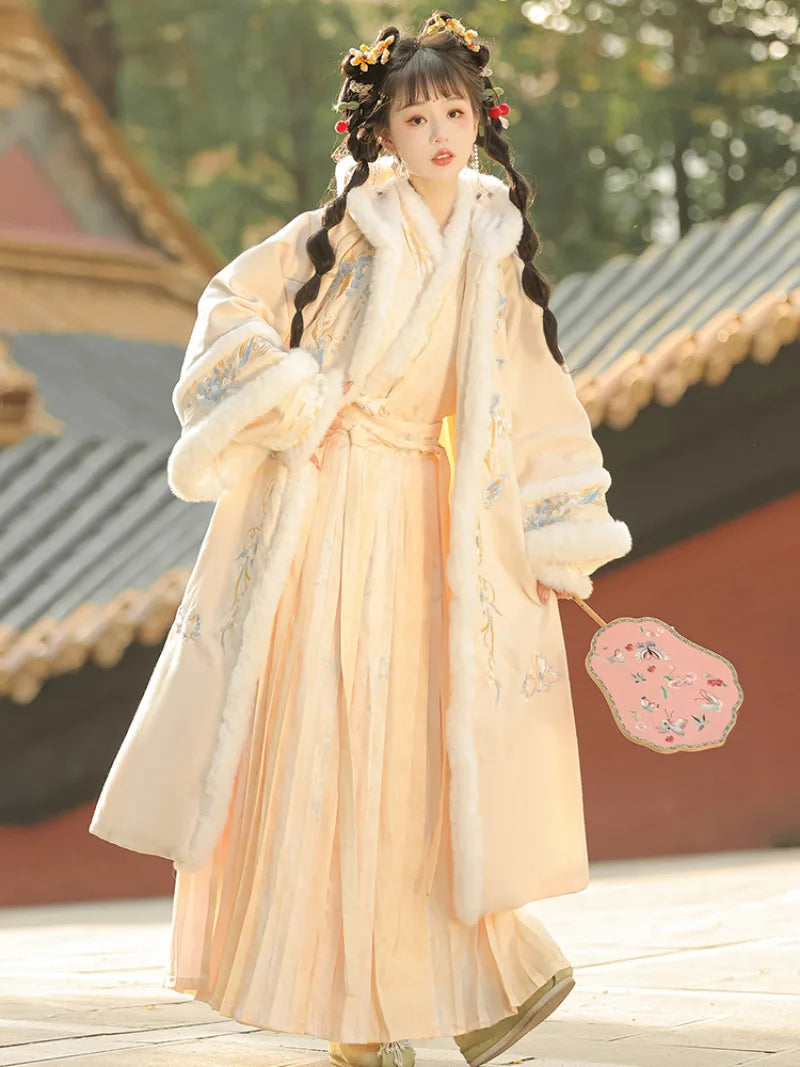 Song dynasty clothes featuring hooded beizi and printed mamian skirt with warm fleece lining