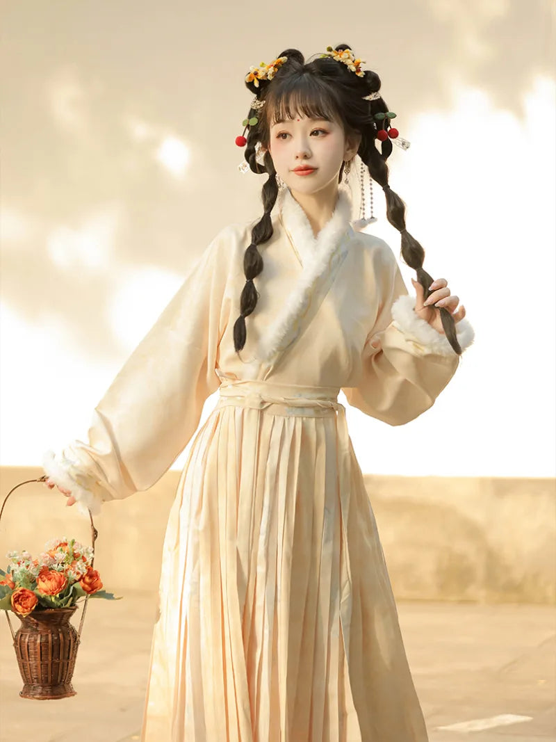 Song dynasty clothes featuring hooded beizi and printed mamian skirt with warm fleece lining