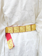 Song Style Hanfu Belt – Wide 5cm Red & Gold Leather Belt for Performance & Photography