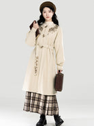 Faux Suede Chinese Coat Plaid Mamian Skirt & Knit Top