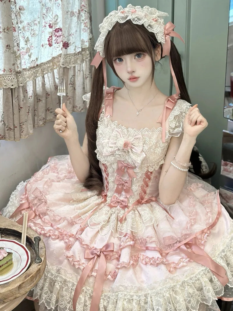 Sweet cloth Lolita ballet JSK dress with bow front and lace straps