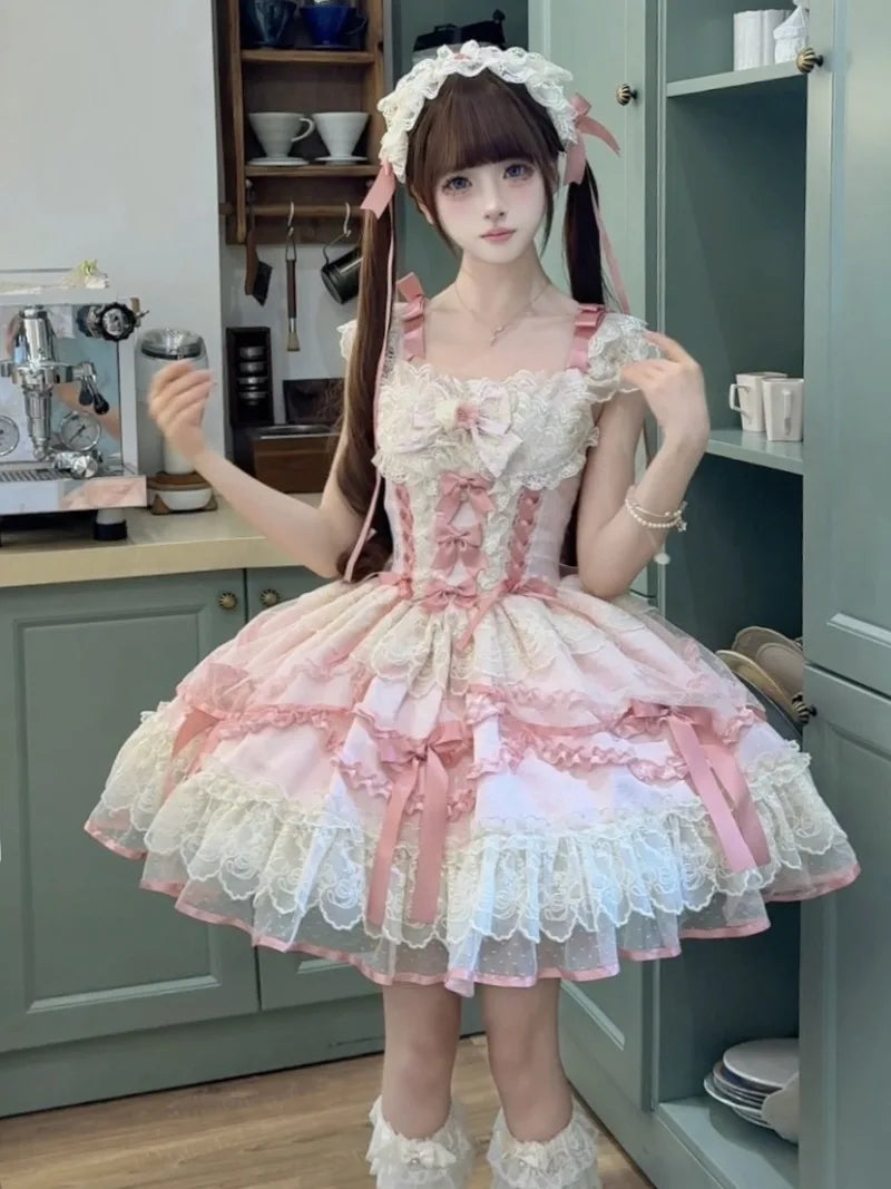 Sweet cloth Lolita ballet JSK dress with bow front and lace straps