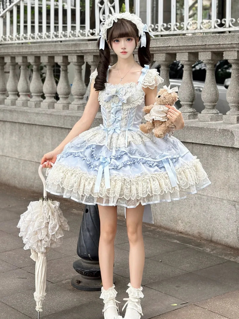 Sweet cloth Lolita ballet JSK dress with bow front and lace straps