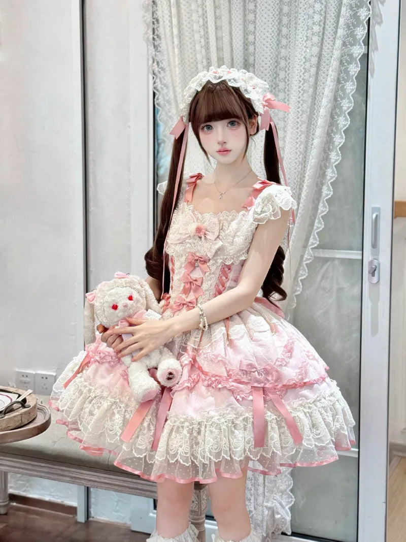Sweet cloth Lolita ballet JSK dress with bow front and lace straps