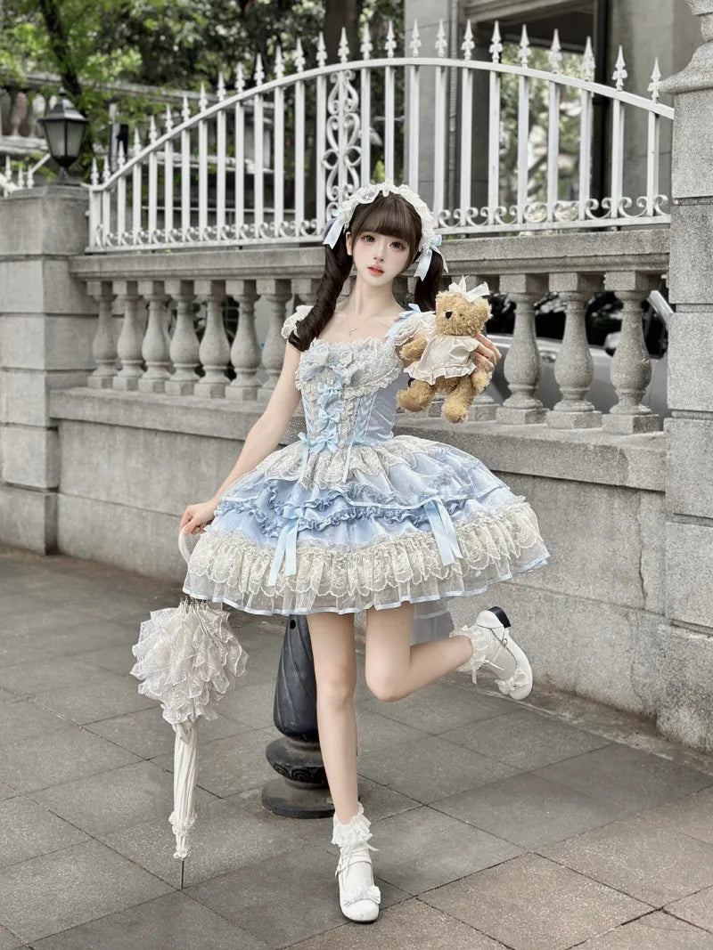 Sweet cloth Lolita ballet JSK dress with bow front and lace straps