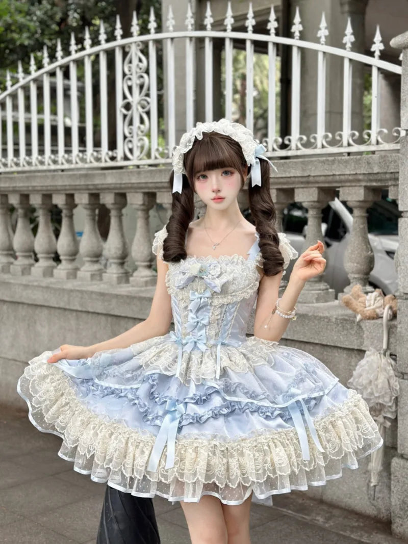Sweet cloth Lolita ballet JSK dress with bow front and lace straps