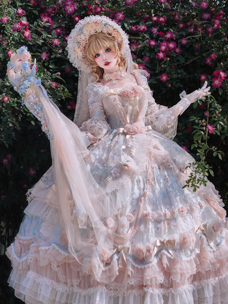 Sweet dresses rose banquet Lolita long OP with elegant floral princess style