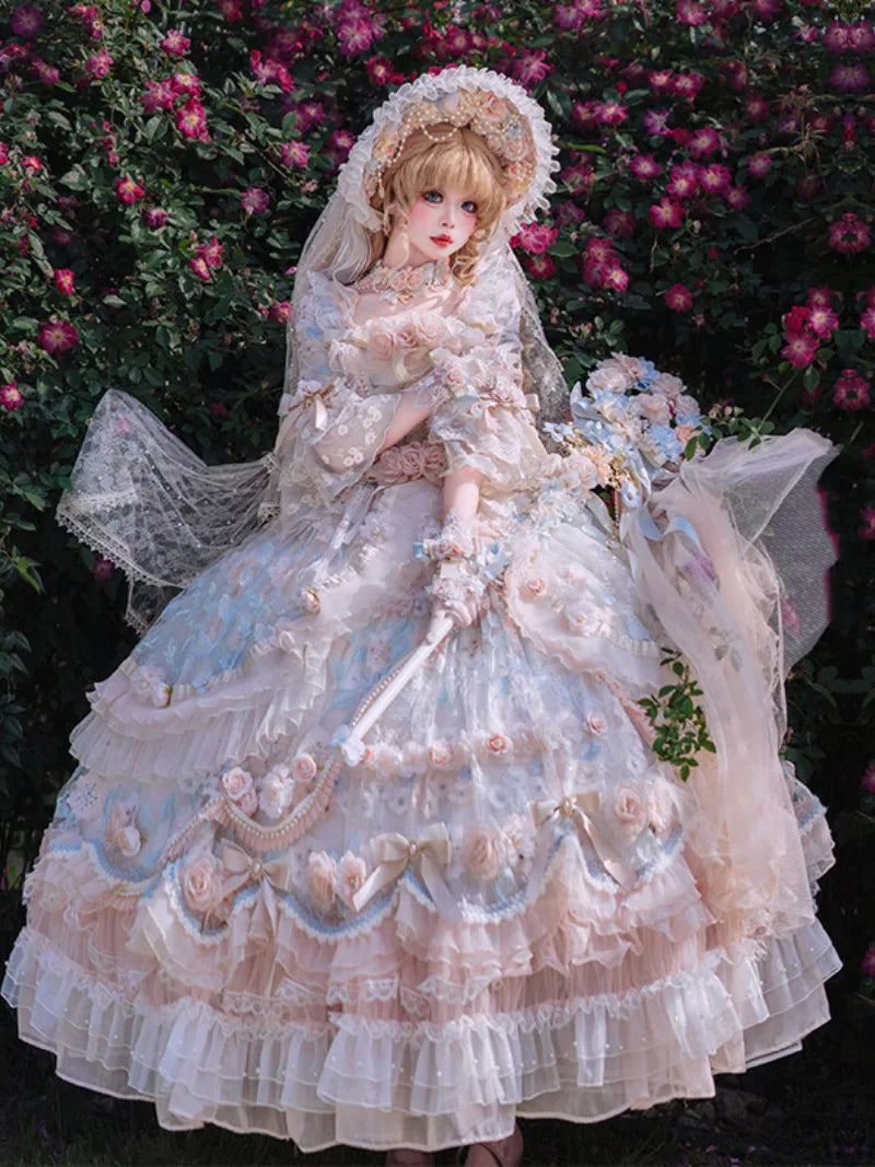 Sweet dresses rose banquet Lolita long OP with elegant floral princess style