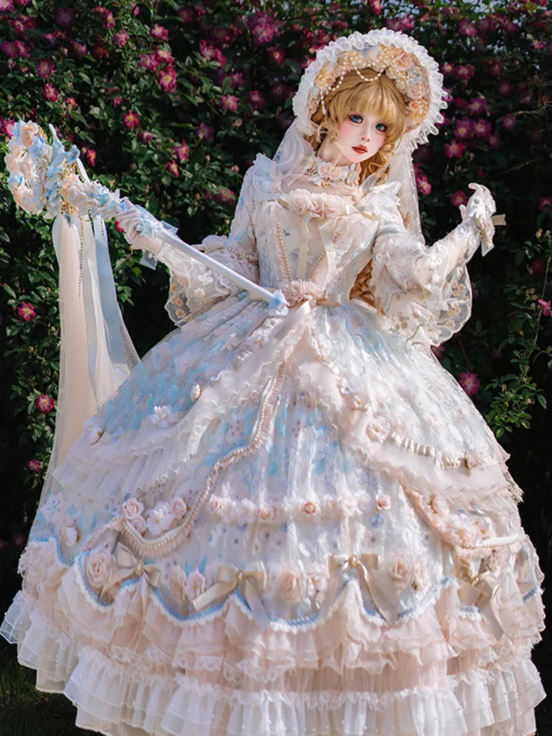 Sweet dresses rose banquet Lolita long OP with elegant floral princess style