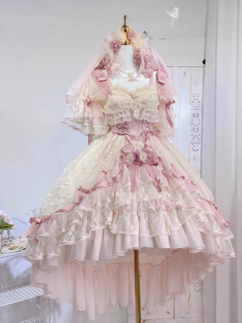Sweet lolitia rose wedding dress with princess silhouette and short embroidered skirt