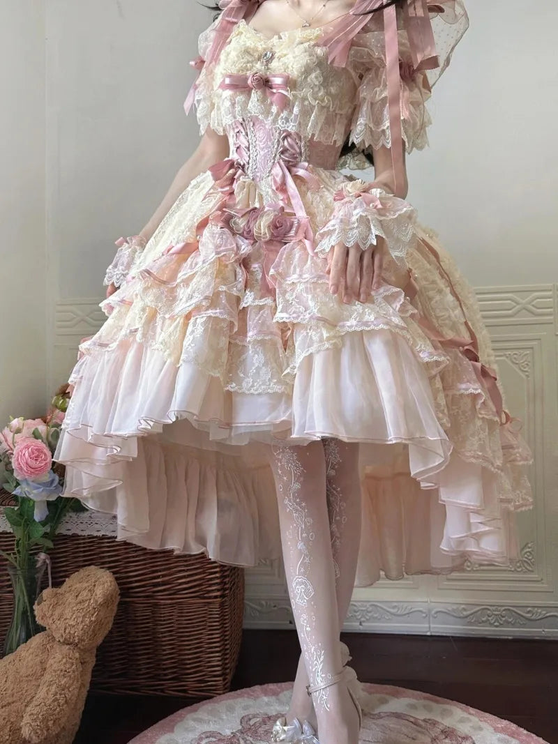 Sweet lolitia rose wedding dress with princess silhouette and short embroidered skirt