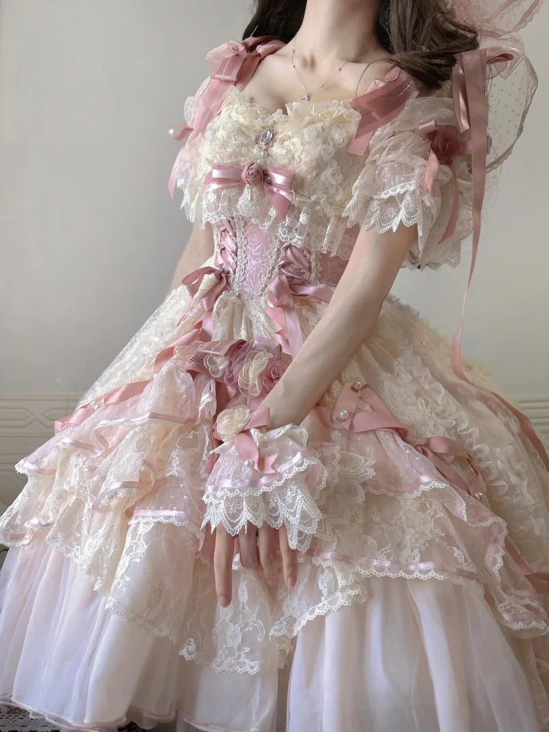 Sweet lolitia rose wedding dress with princess silhouette and short embroidered skirt