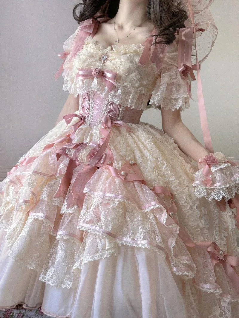 Sweet lolitia rose wedding dress with princess silhouette and short embroidered skirt