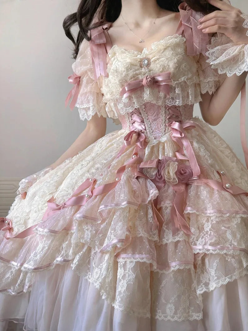 Sweet lolitia rose wedding dress with princess silhouette and short embroidered skirt
