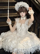 Sweety Angel Lolita JSK dress in soft white tea tones with elegant suspender design