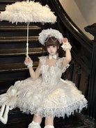 Sweety Angel Lolita JSK dress in soft white tea tones with elegant suspender design