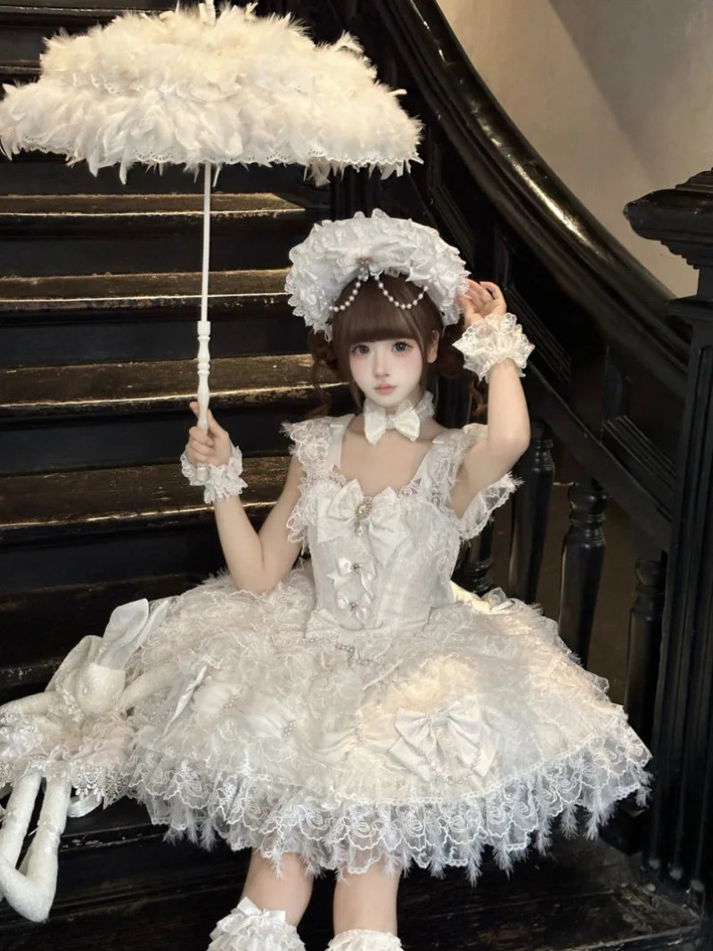 Sweety Angel Lolita JSK dress in soft white tea tones with elegant suspender design