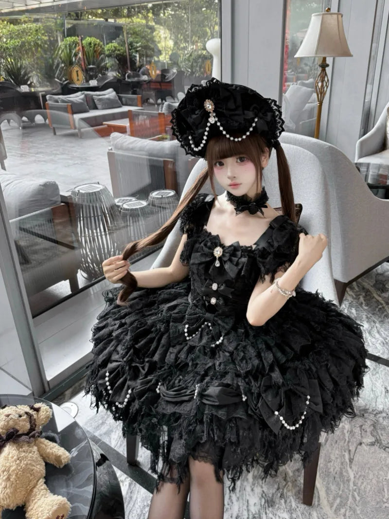 Sweety Angel Lolita JSK dress in soft white tea tones with elegant suspender design