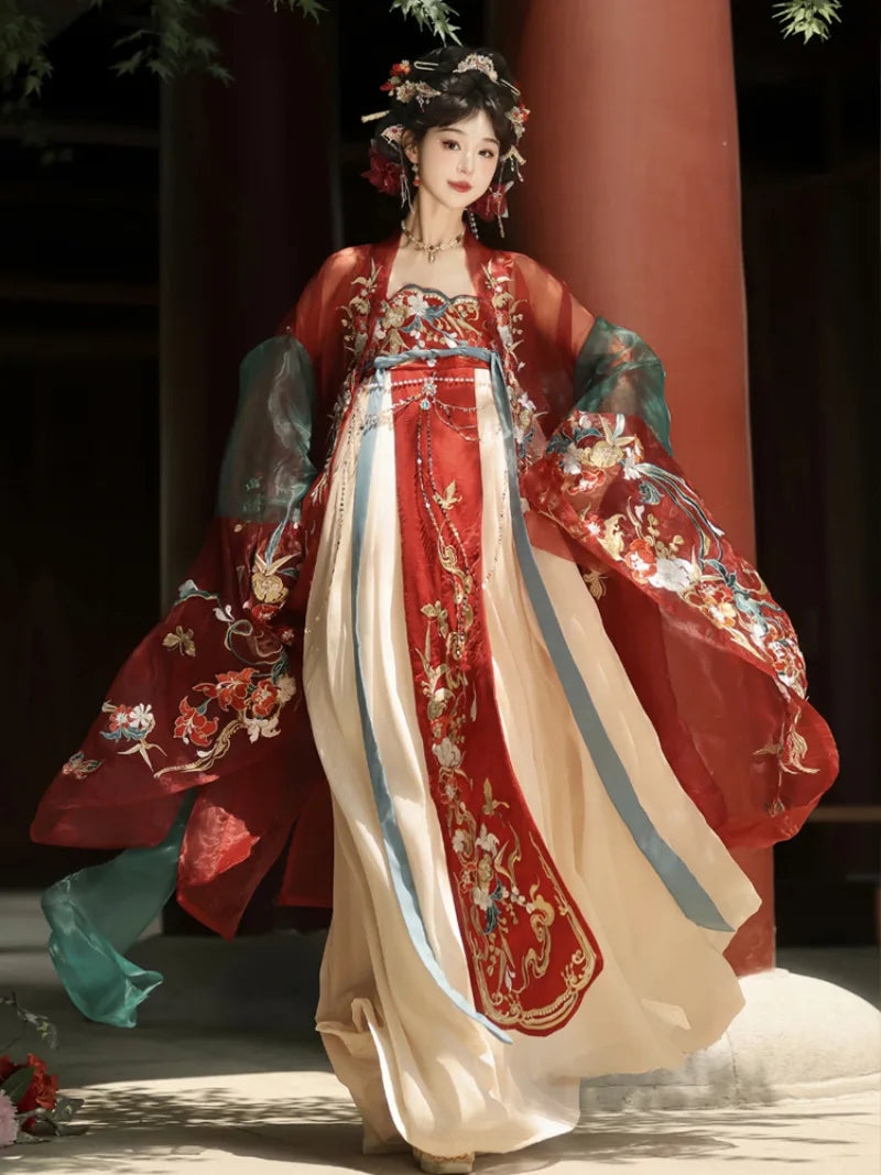 Beautifully crafted Tang dynasty clothes with refined floral stitching