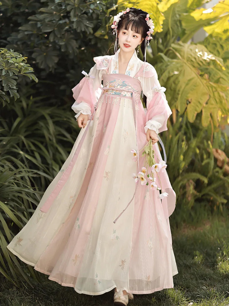 Tang Dynasty clothing female hanfu dress with soft colors and flowing skirt