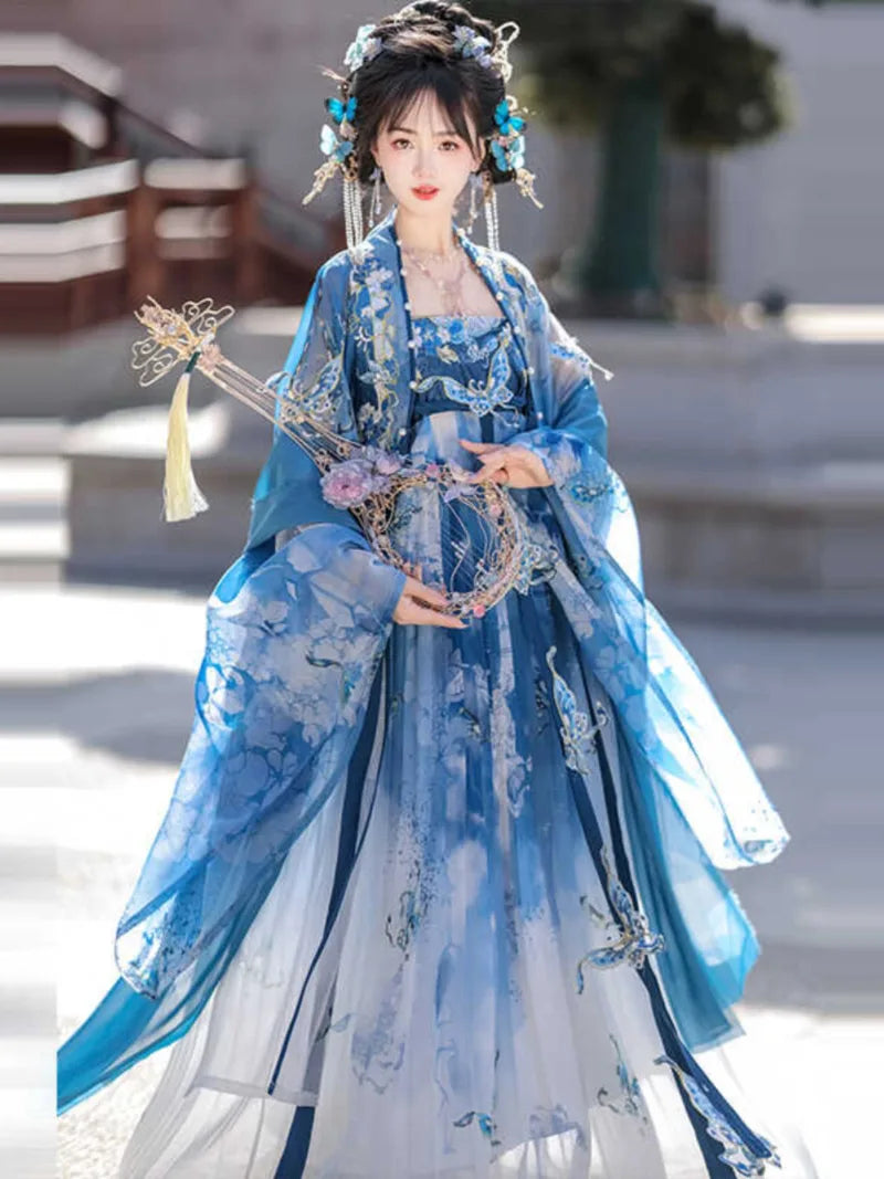 A light, elegant Tang-style dress with detailed stitching and airy fabric perfect for warm seasons.