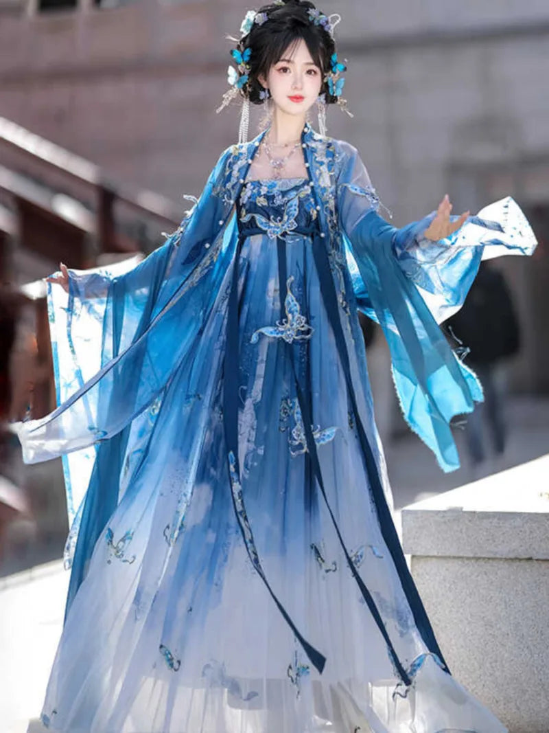 A light, elegant Tang-style dress with detailed stitching and airy fabric perfect for warm seasons.