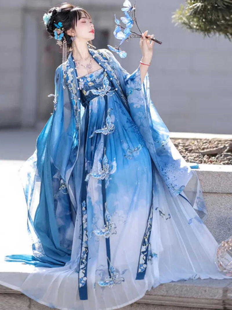 A light, elegant Tang-style dress with detailed stitching and airy fabric perfect for warm seasons.