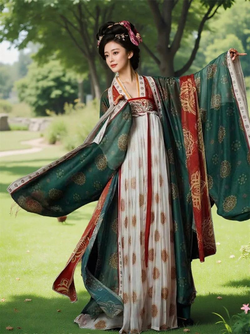 Restored tang dynasty hanfu dress featuring wide sleeves and colorful red gradient skirt patterns.