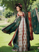 Restored tang dynasty hanfu dress featuring wide sleeves and colorful red gradient skirt patterns.