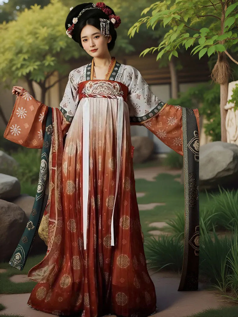 Restored tang dynasty hanfu dress featuring wide sleeves and colorful red gradient skirt patterns.