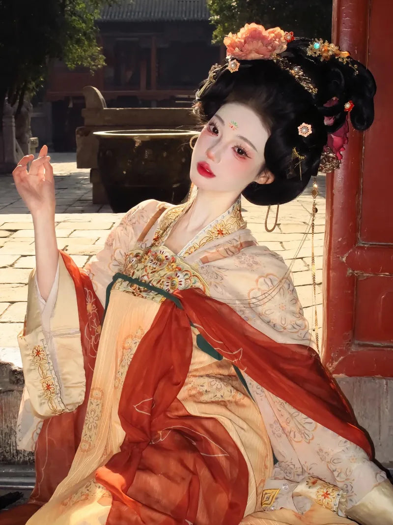 Tang Dynasty outfit hanfu with qi chest skirt and flowing wide sleeve robe