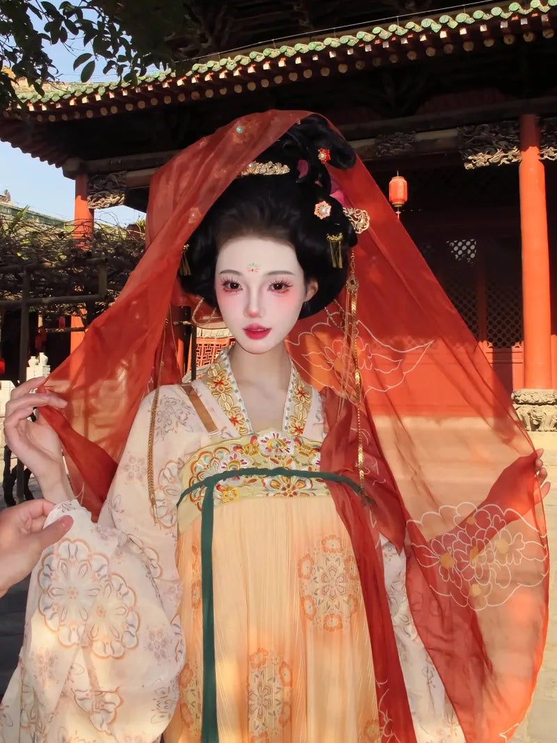 Tang Dynasty outfit hanfu with qi chest skirt and flowing wide sleeve robe