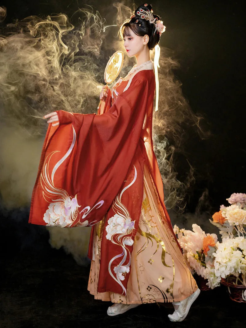 Tang Dynasty women's clothing hanfu with wide sleeves and phoenix imagery