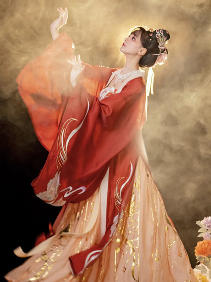 Tang Dynasty women's clothing hanfu with wide sleeves and phoenix imagery