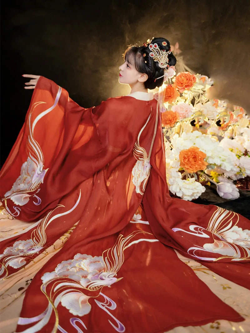 Tang Dynasty women's clothing hanfu with wide sleeves and phoenix imagery