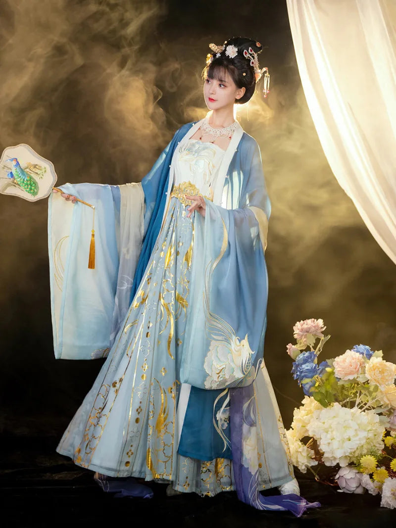 Tang Dynasty women's clothing hanfu with wide sleeves and phoenix imagery