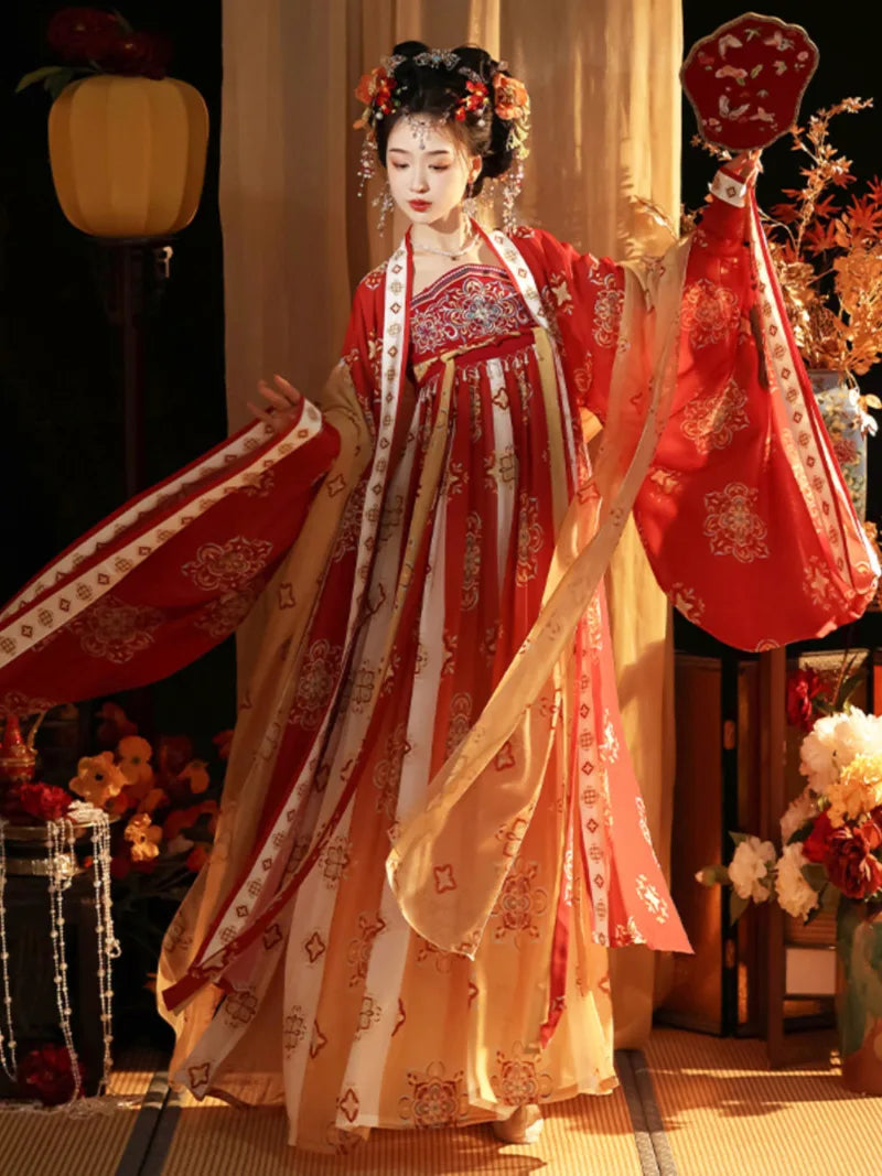 Traditional tang hanfu dress inspired by Tang Palace Banquet with big sleeves and graceful restored silhouette.