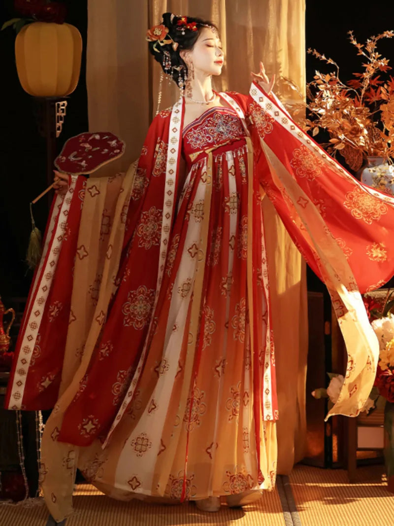 Traditional tang hanfu dress inspired by Tang Palace Banquet with big sleeves and graceful restored silhouette.