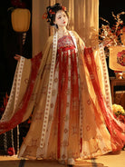 Traditional tang hanfu dress inspired by Tang Palace Banquet with big sleeves and graceful restored silhouette.